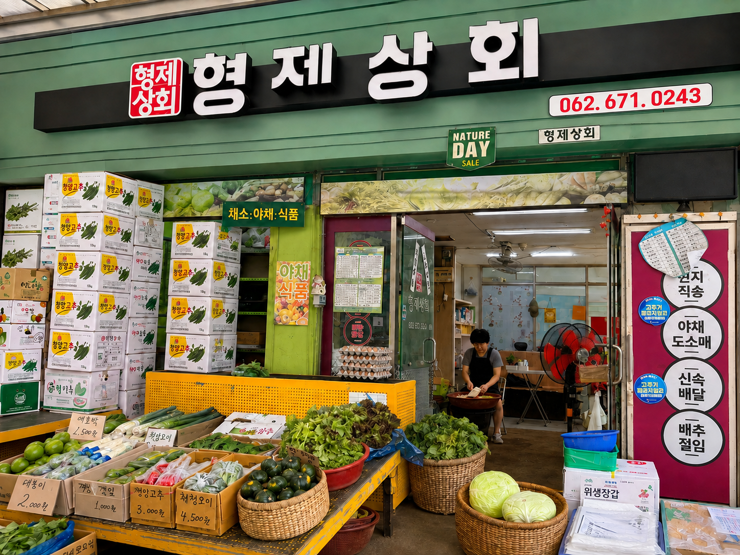 형제상회의 여러 잎채소와 농산물